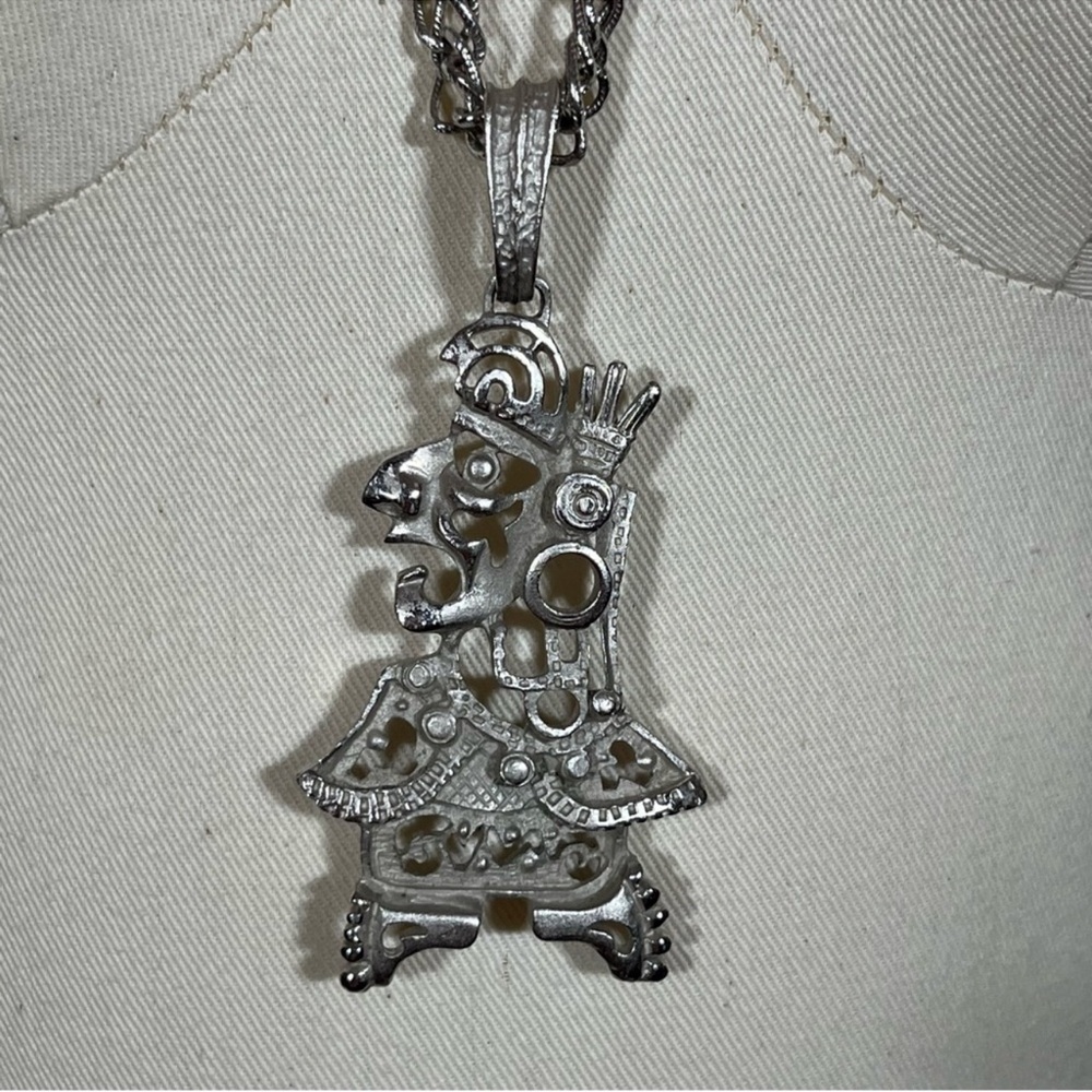Vintage 60 70 MCM Maximalist
Oversized Aztec Inca Silver Long Mod
Necklace